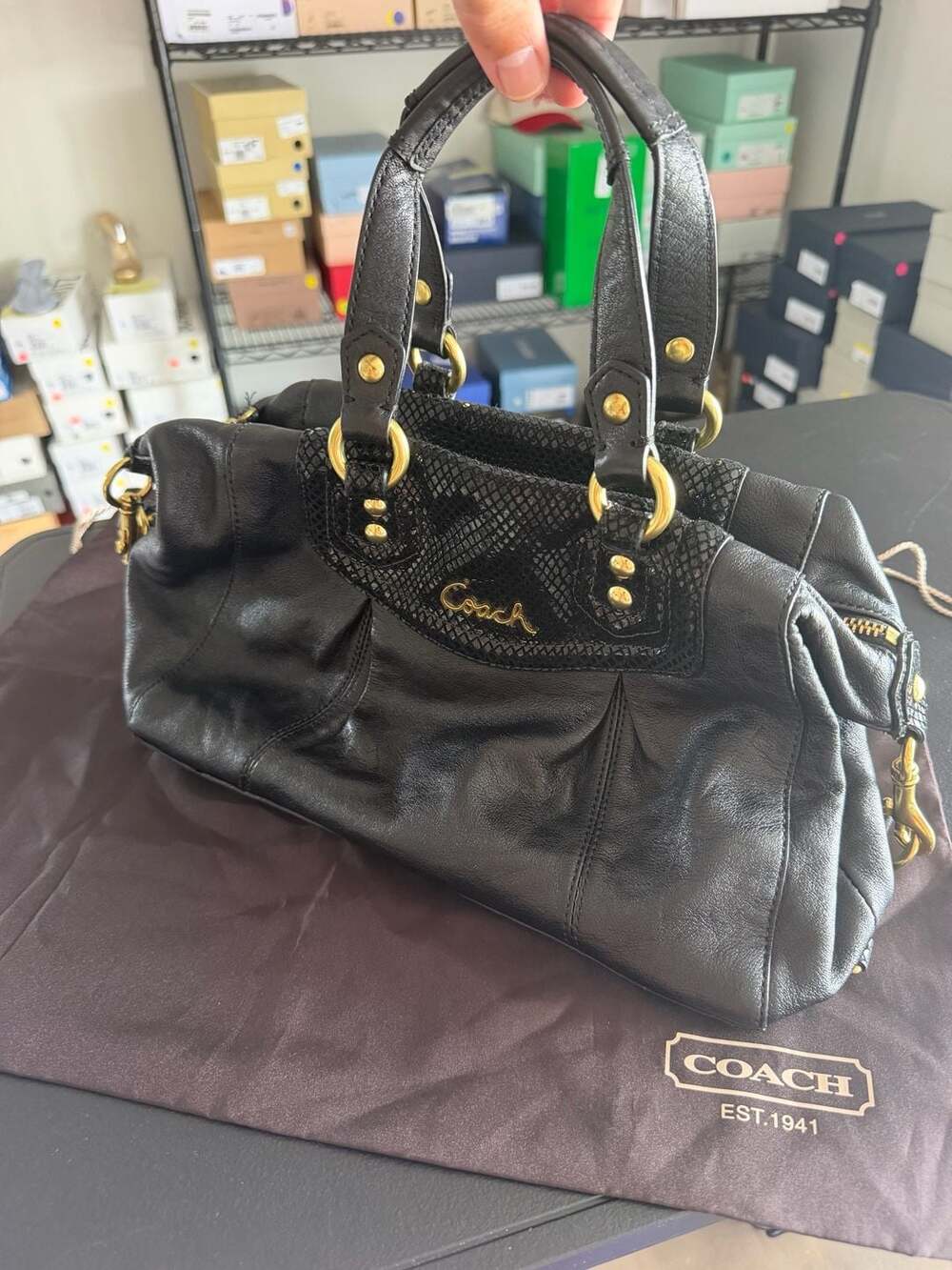 Coach Ashley F19247 Black Leather Python Embossed Satchel – MSRP $358
